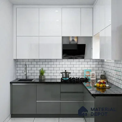 Modern dual tone kitchen with frosty white and grey laminate, black quartz countertop, and white subway tile backsplash of 3 BHK apartment in Mantri Webcity Hennur Road in Bengaluru
