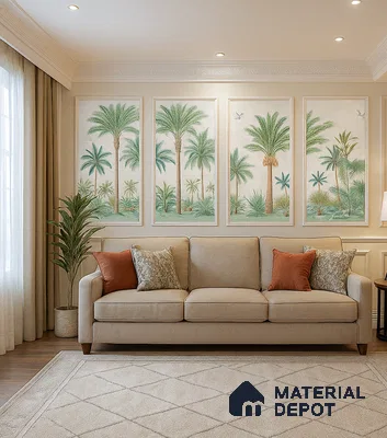 Eclectic living room with tropical wallpaper panels, beige fabric sofa, and wooden flooring of 3 BHK apartment in Mantri Webcity Hennur Road in Bengaluru
