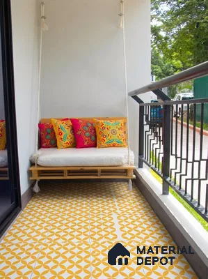 Eclectic balcony with yellow geometric patterned floor tiles and wooden swing seating