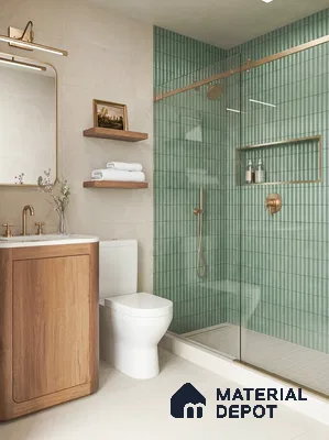 Modern bathroom with sage green kitkat wall tiles, light beige floor tiles, and wood vanity