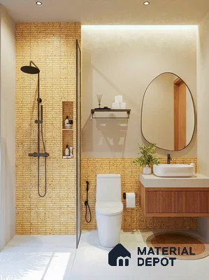 Japandi bathroom with yellow kitkat wall tiles, fluted wood vanity, and white floor tiles