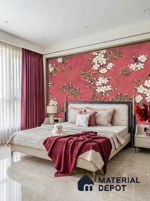 Art Deco bedroom with floral wallpaper accent wall and beige marble flooring