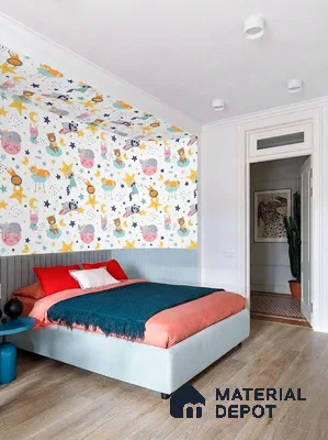 Modern kids room with playful animal print wallpaper and light wood flooring