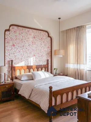 Traditional bedroom with floral wallpaper, cane and teak wood bed, and wooden flooring