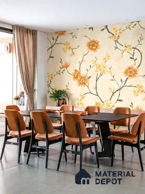 Modern dining room with floral wallpaper, taupe upholstery, and large format grey floor tiles