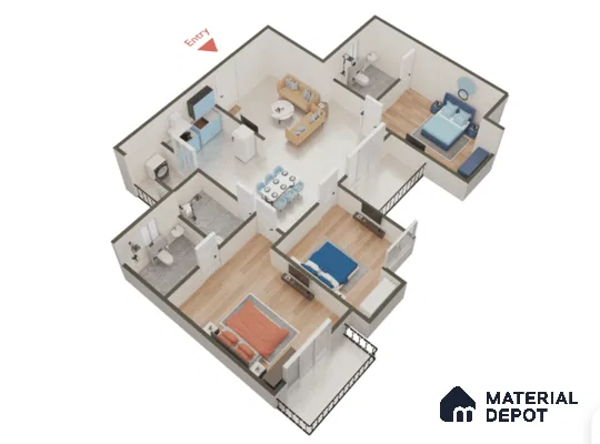 Modern 3BHK apartment layout with wood flooring, marble-look tiles, and pastel blue kitchen laminate