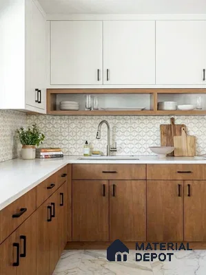 Scandinavian kitchen with white quartz countertop, oak wood laminate cabinets, and geometric patterned backsplash tile