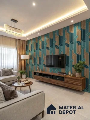 Art Deco living room with geometric patterned wallpaper and walnut wood TV unit