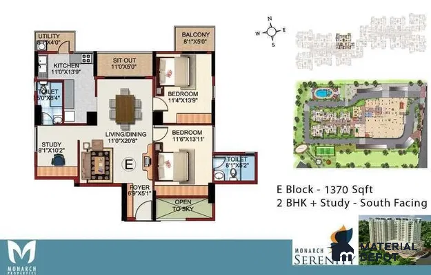 Modern 2BHK apartment floor plan with study, balcony, utility, and open living-dining layout
