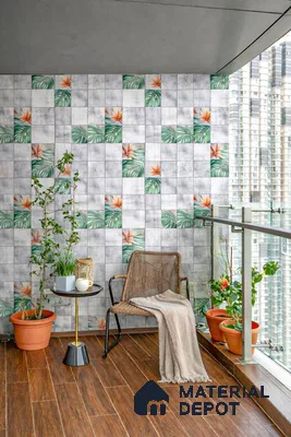 Modern balcony with tropical floral wall tiles and wood-look floor tiles