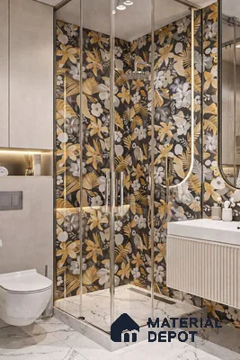 Modern bathroom with yellow and grey floral highlighter wall tiles and white marble floor tiles