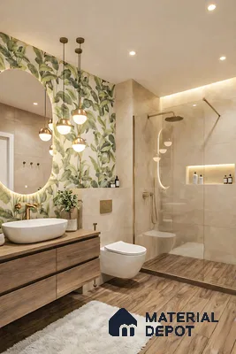 Modern bathroom with tropical leaf tile, beige marble-look wall tile, and wood-look floor tile