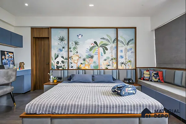 Modern kids room with blue laminate, animal-themed wallpaper, and upholstered seating