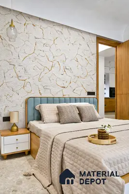 Modern bedroom with marble mosaic accent wall and light wood furniture