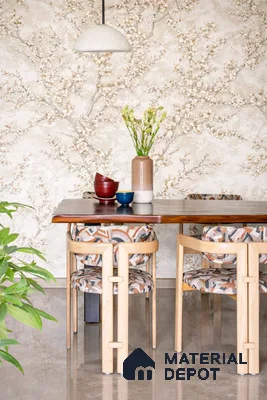 Scandinavian dining room with floral wallpaper, light wood dining set, and polished beige floor