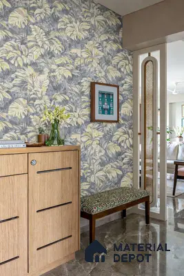 Eclectic foyer with tropical wallpaper, oak wood laminate cabinet, and marble floor tile