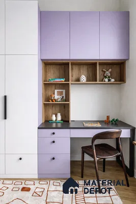 Scandinavian study room with pastel lavender laminate, white laminate wardrobe, and oak wood open shelves