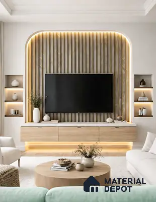 Scandinavian living room with light oak wood laminate TV unit and fluted wood wall panels