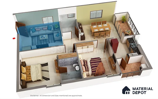 Modern living room with blue sectional sofa, beige floor tiles, and pastel accent wall