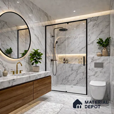 Modern bathroom with white marble look tiles, walnut wood vanity, and gold fixtures