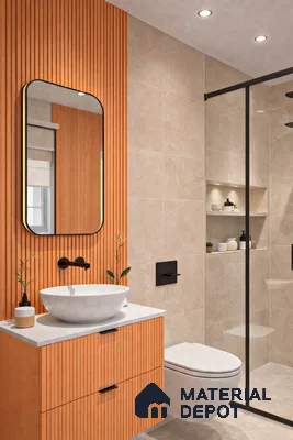 Modern bathroom with terracotta fluted vanity, beige marble-look wall tiles, and matte black fixtures