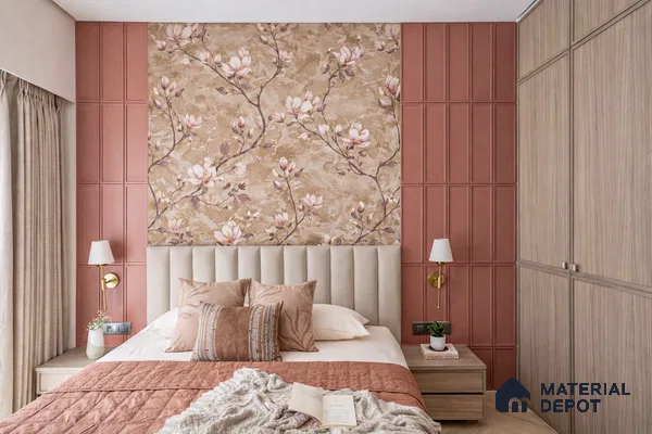 Modern bedroom with blush pink wall panels, floral wallpaper, and light oak wardrobe