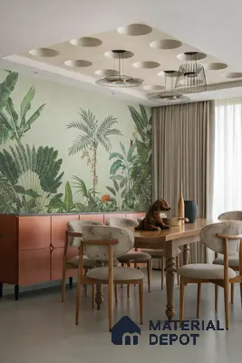 Eclectic dining room with tropical wallpaper, blush laminate sideboard, and natural wood dining set