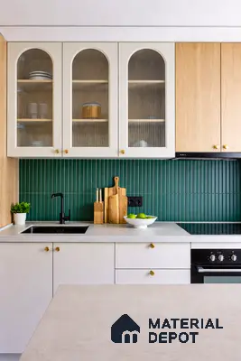 Scandinavian kitchen with oak wood laminate, frosty white laminate, and green kitkat backsplash tile
