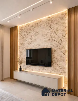 Modern TV unit with floral wallpaper, wooden louvers, and beige matte laminate cabinet