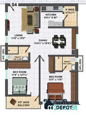Modern 2BHK apartment floor plan with tiled flooring and open dining-living layout
