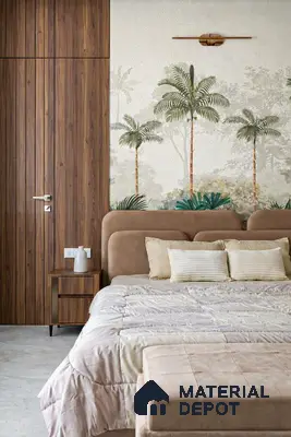Japandi bedroom with walnut wood laminate wardrobe, tropical wallpaper, and suede upholstered bed