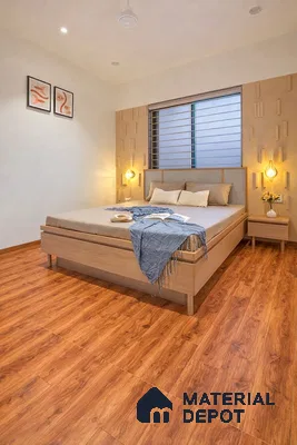 Minimalist bedroom with light oak wood flooring and beige textured wall panels