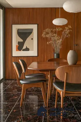 Mid-century modern dining room with walnut fluted wall panels and black marble floor tiles