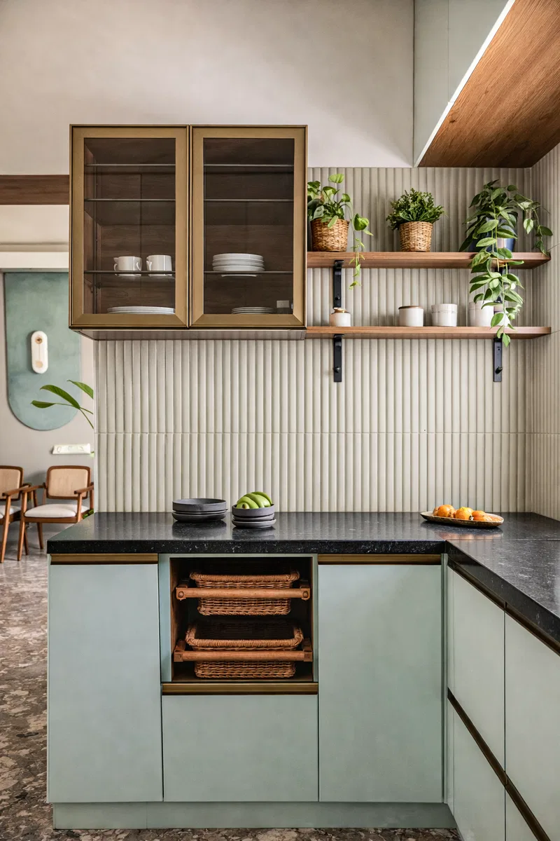 Scandinavian kitchen with sage green laminate cabinets, black granite ...