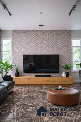 Modern living room with chevron patterned wall panels and brown marble floor tiles