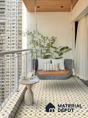 Scandinavian balcony with patterned moroccan floor tiles and wooden ceiling panels