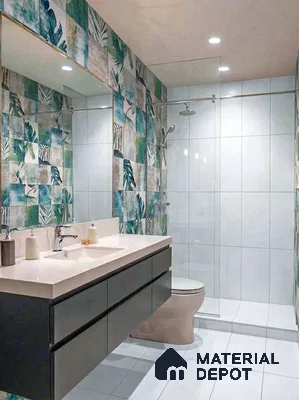 Modern bathroom with tropical patterned highlighter wall tiles and white floor tiles