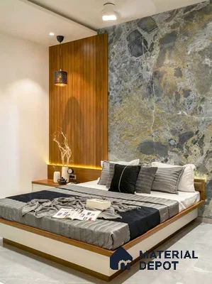 Modern bedroom with walnut wood louver panel and grey marble accent wall