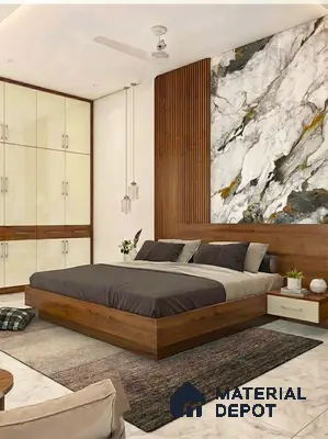Modern bedroom with walnut wood laminate, marble accent wall, and ivory wardrobe