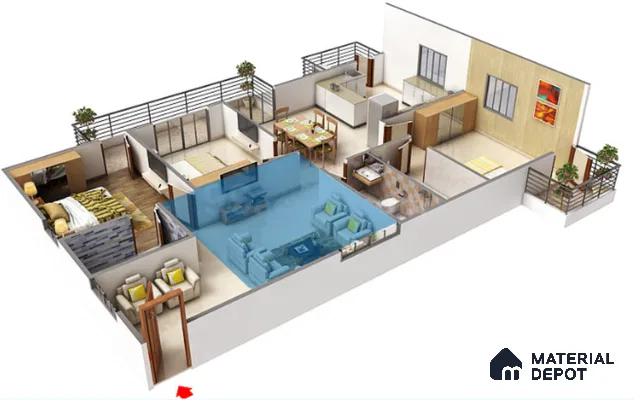 Modern Floor plan with off white floor tiles, beige wall panels, and light blue upholstered sofas
