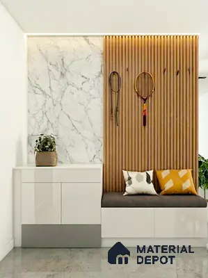 Modern foyer with white marble laminate accent, vertical wood louvers, and glossy white storage