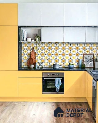 Modern kitchen with yellow laminate cabinets, white laminate shutters, and yellow patterned moroccan backsplash tiles