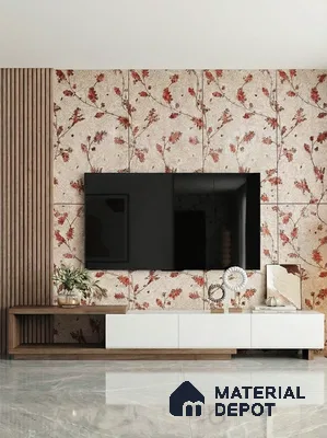 Modern TV unit with floral patterned wallpaper, wooden louvers, and white marble floor tile