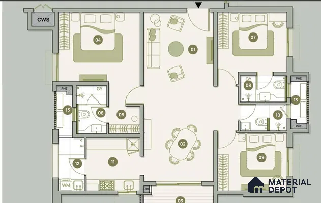 Modern apartment layout with open plan living, dining, and three bedrooms