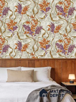 Eclectic bedroom with floral patterned wallpaper and walnut wood panel headboard