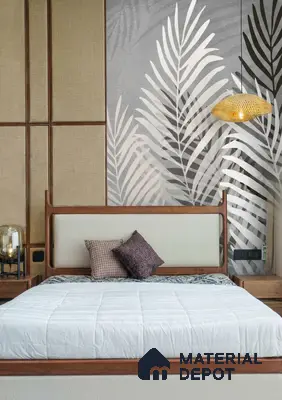 Japandi bedroom with natural wood bed, beige fabric wall panels, and grey tropical wallpaper