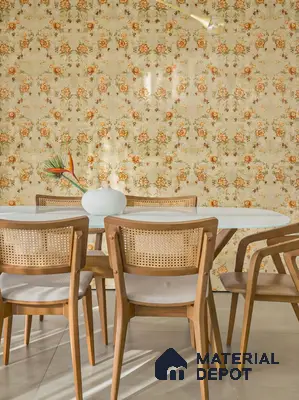 Mid-century modern dining room with floral patterned wallpaper and natural wood dining set