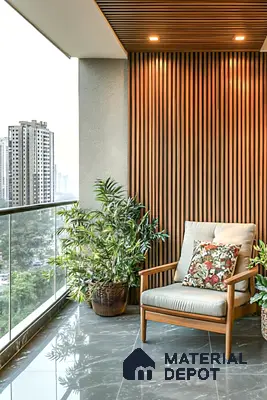 Modern balcony with wooden fluted wall panels and grey marble floor tiles of 3 BHK apartment in NCC Ivory Heights Mahadevpura in Bengaluru