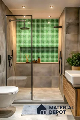 Modern bathroom with green mosaic wall tiles, grey stone-look floor tiles, and wood laminate vanity of 3 BHK apartment in NCC Ivory Heights Mahadevpura in Bengaluru