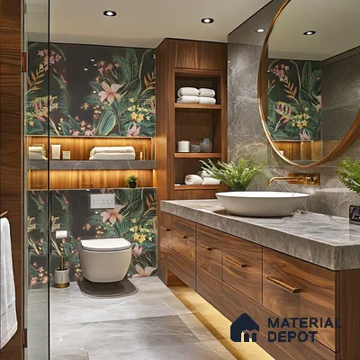 Modern bathroom with floral tropical tile, walnut wood laminate vanity, and grey marble countertop of 3 BHK apartment in NCC Ivory Heights Mahadevpura in Bengaluru